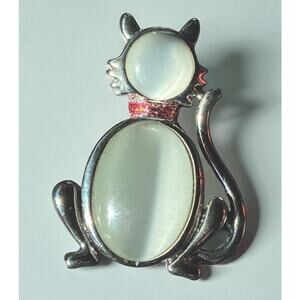 Vintage Silver Tone Cat Brooch Moonstone Cabochon Kitty Pin Crystal Collar 1.5”